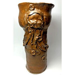 Large Handmade Art Pottery Vase Dark Brown Newborn Baby's Face Weird Unsigned